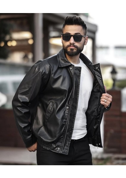 Yeni Sezon Oversize Erkek Deri Ceket Siyah modelleri