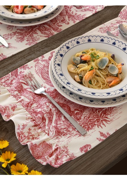 Premium 2'li Fırfırlı & Fransız Köylüleri Desenli Kumaş Amerikan Servis Seti - Vintage ve Şık Set