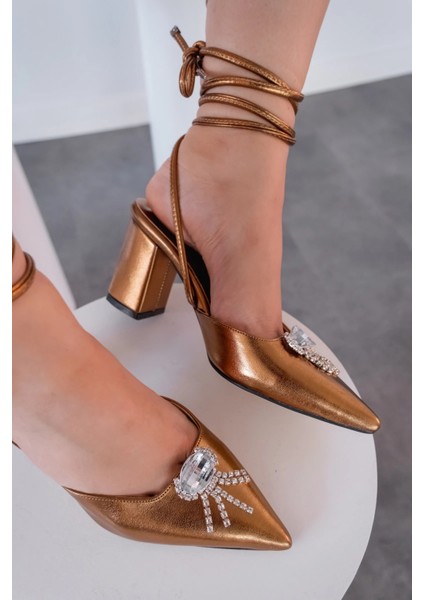 Teldina Parlak Saten Deri Yüksek Topuklu Stiletto Bronz modelleri
