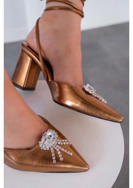 Teldina Parlak Saten Deri Yüksek Topuklu Stiletto Bronz fırsatları