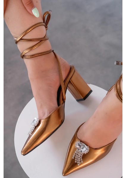 Teldina Parlak Saten Deri Yüksek Topuklu Stiletto Bronz indirimleri