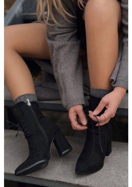 Welanx Süet Bağcık Detaylı Siyah Topuklu Bot modelleri