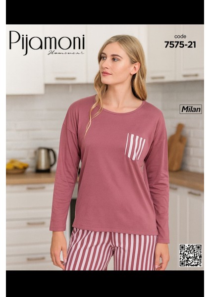 Kadın Milansıfır Yaka Iki Renki Pijama Takımı