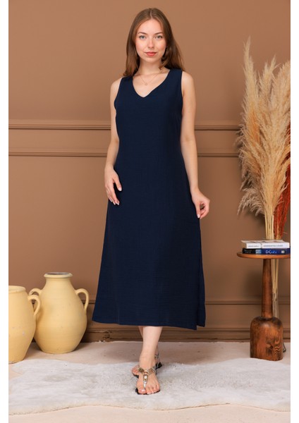 %100 Pamuk Müslin Bağlamalı Midi Elbise