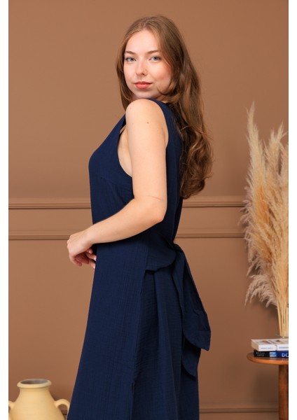 %100 Pamuk Müslin Bağlamalı Midi Elbise modelleri