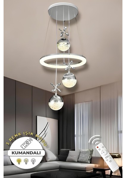 Kerasus Krom Kumandalı 3 Renk Modern Sarkıt LED Avize