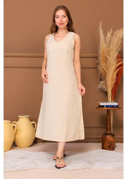 %100 Pamuk Müslin Bağlamalı Midi Elbise