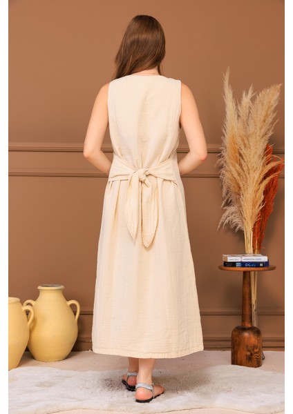 %100 Pamuk Müslin Bağlamalı Midi Elbise modelleri