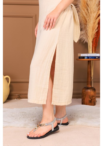 %100 Pamuk Müslin Bağlamalı Midi Elbise indirimleri