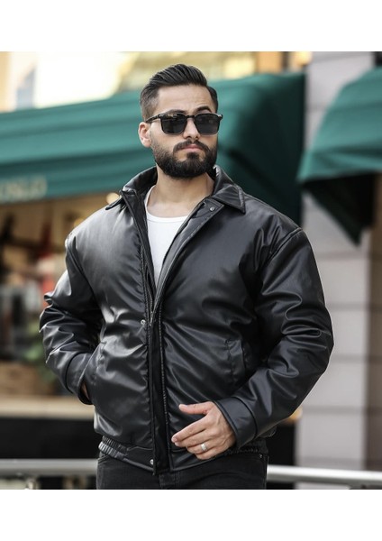 Yeni Sezon Oversize Erkek Deri Mont Siyah