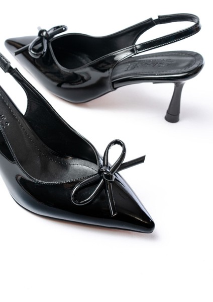 İNF-4500 Siyah Rugan Günlük Arkası Açık Fiyonklu Topuklu Bayan Ayakkabı indirimleri