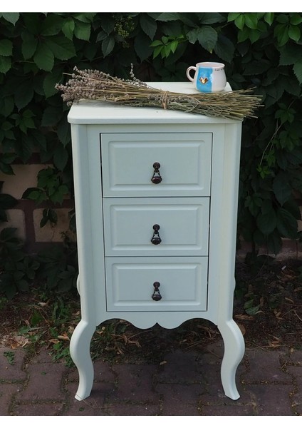Krem Rengi 3 Çekmeceli Ahşap Vintage Komodin