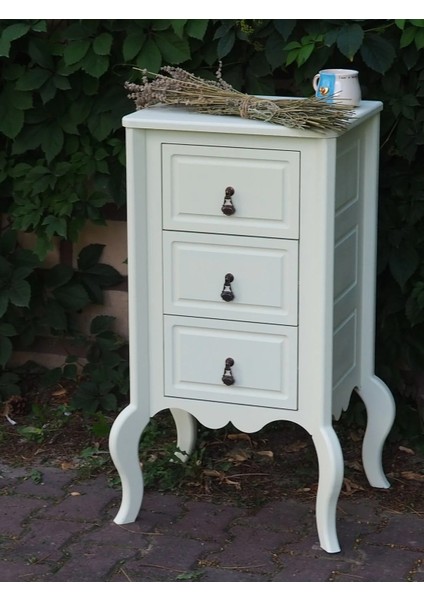 Krem Rengi 3 Çekmeceli Ahşap Vintage Komodin