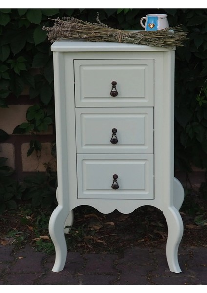 Krem Rengi 3 Çekmeceli Ahşap Vintage Komodin