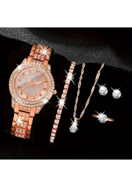 Elegant Saat ile Kolye+Küpe+Yüzük+Bileklik 6 Parça Takı Seti