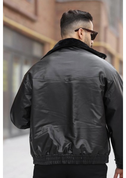 Yeni Sezon Oversize Kürk Yakalı Erkek Deri Mont Siyah