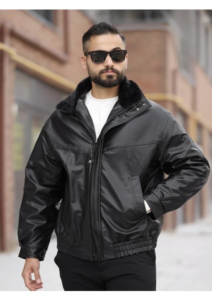 Yeni Sezon Oversize Kürk Yakalı Erkek Deri Mont Siyah fiyatları