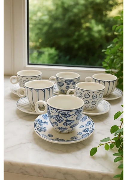 6 Kişilik Çay ve Kahve Fincan Takımı 12 Parça Mavi Motifli Karışık Desen Fincan Seti