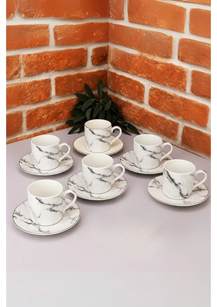 Mermer Desenli 12 Parça | 6 Kişilik Porselen Türk Kahvesi Fincan Takımı