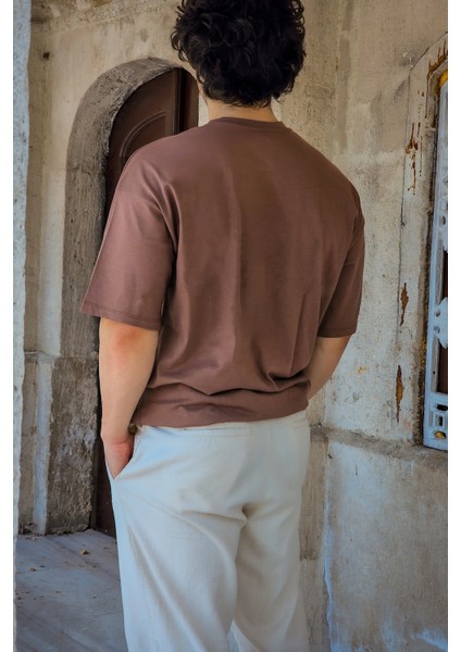 Unisex Kahverengi Oversize Salaş Kesim %100 Pamuk Bisiklet Yaka Basic Tshirt modelleri
