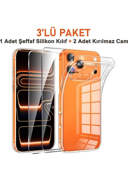 iPhone 17 Pro Max Uyumlu 1 Adet Şeffaf Silikon Kılıf + 2 Adet Kırılmaz Cam Ekran Koruyucu 3lü Set