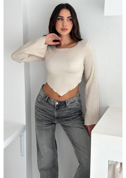 Ispanyol Kol Ribanalı Sivri Etek Uçlu Crop Bluz – Modern & Vücuda Oturan Stil