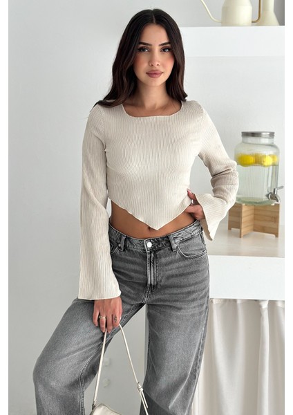 Ispanyol Kol Ribanalı Sivri Etek Uçlu Crop Bluz – Modern & Vücuda Oturan Stil fiyatları