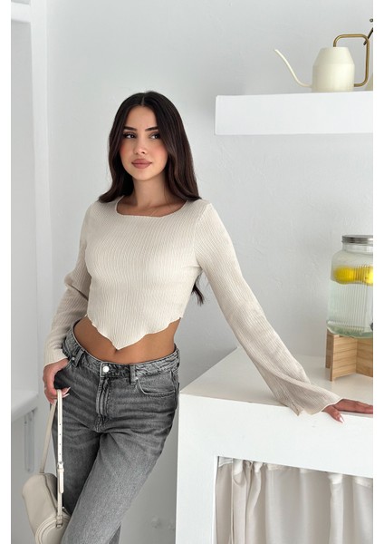 Ispanyol Kol Ribanalı Sivri Etek Uçlu Crop Bluz – Modern & Vücuda Oturan Stil modelleri