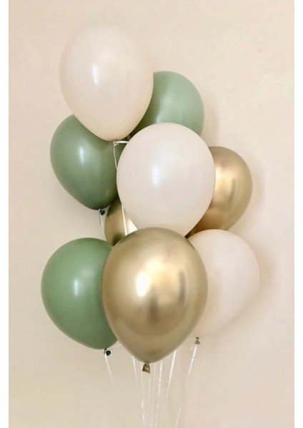 Krom Gold Parlak Küf Yeşili ve Pastel Beyaz Renk Balon 9 Adet fiyatları