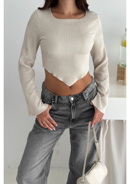Ispanyol Kol Ribanalı Sivri Etek Uçlu Crop Bluz – Modern & Vücuda Oturan Stil indirimleri