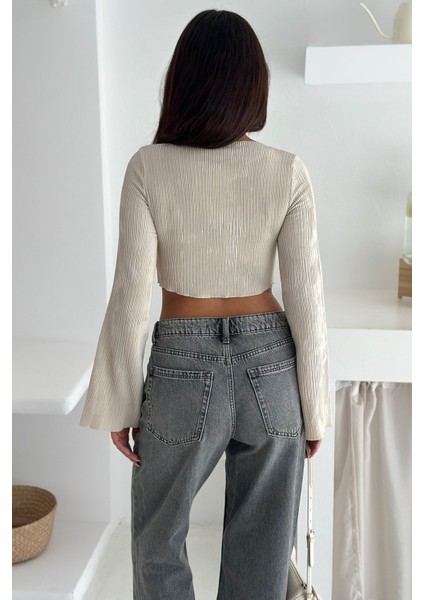 Ispanyol Kol Ribanalı Sivri Etek Uçlu Crop Bluz – Modern & Vücuda Oturan Stil