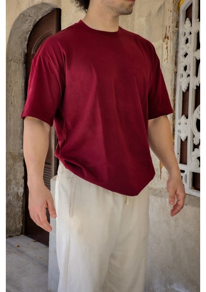 Unisex Bordo Oversize Salaş Kesim %100 Pamuk Bisiklet Yaka Basic Tshirt