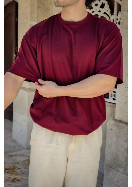 Unisex Bordo Oversize Salaş Kesim %100 Pamuk Bisiklet Yaka Basic Tshirt fiyatları