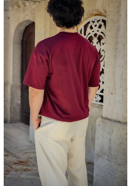 Unisex Bordo Oversize Salaş Kesim %100 Pamuk Bisiklet Yaka Basic Tshirt modelleri