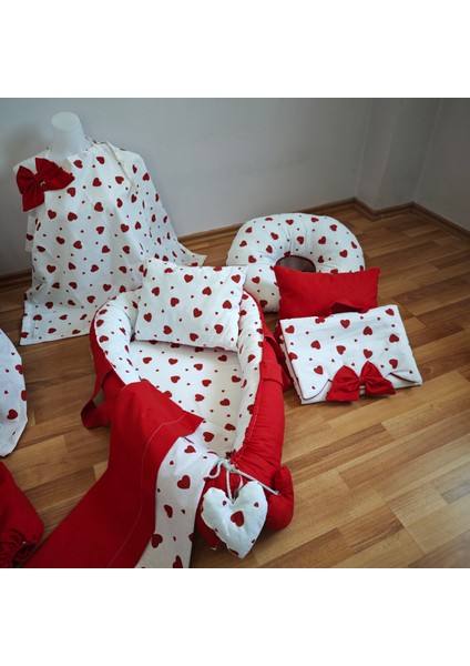 Kırmızı Kalpli Oval Yataklı 10 Parça Babynest Seti modelleri