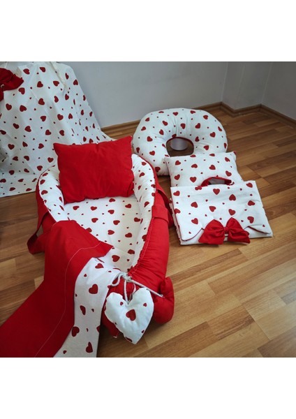 Kırmızı Kalpli Oval Yataklı 10 Parça Babynest Seti indirimleri