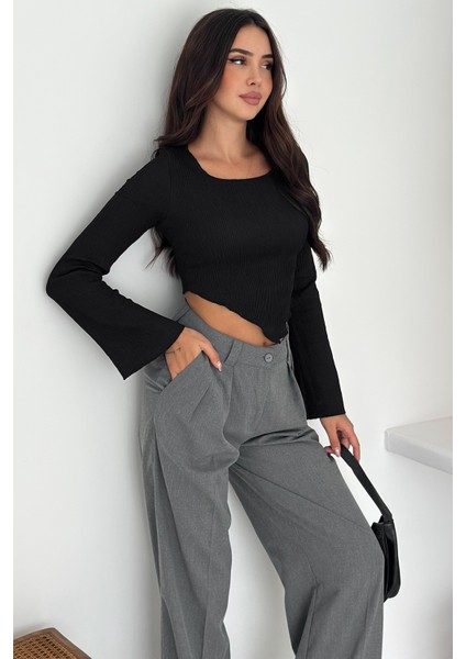 Ispanyol Kol Ribanalı Sivri Etek Uçlu Crop Bluz – Modern & Vücuda Oturan Stil