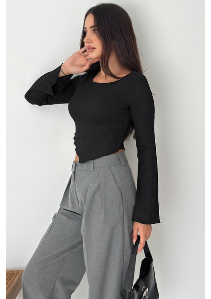 Ispanyol Kol Ribanalı Sivri Etek Uçlu Crop Bluz – Modern & Vücuda Oturan Stil fiyatları