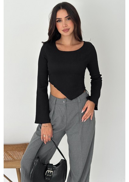 Ispanyol Kol Ribanalı Sivri Etek Uçlu Crop Bluz – Modern & Vücuda Oturan Stil modelleri