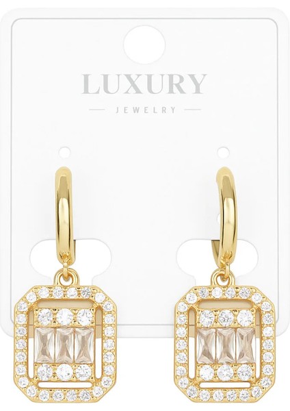 Parlak Taşla Süslü Dörtgen Temalı Çelik Küpe