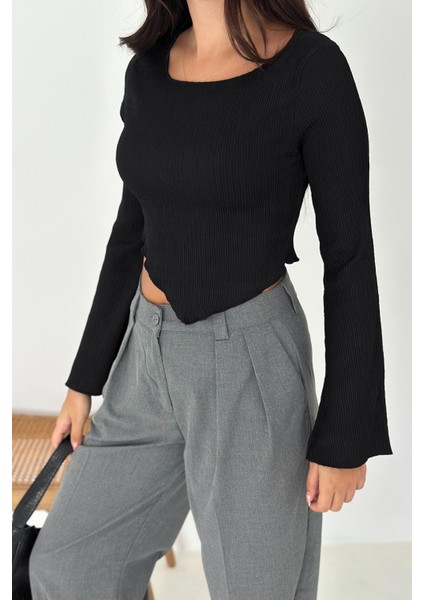 Ispanyol Kol Ribanalı Sivri Etek Uçlu Crop Bluz – Modern & Vücuda Oturan Stil indirimleri
