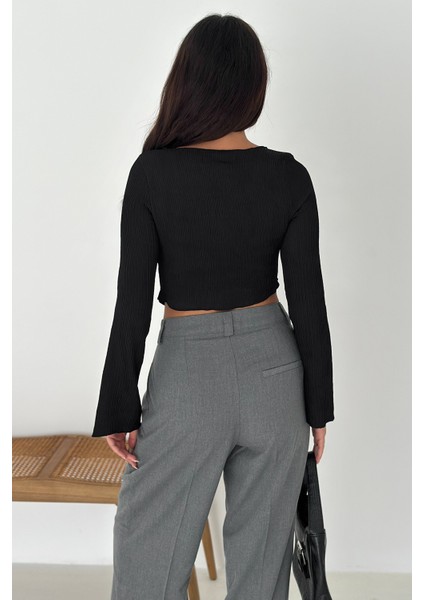 Ispanyol Kol Ribanalı Sivri Etek Uçlu Crop Bluz – Modern & Vücuda Oturan Stil