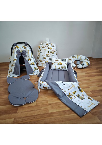 Sarı Traktör Düz Antrasit Kare Yataklı 7 Parça Babynest Seti