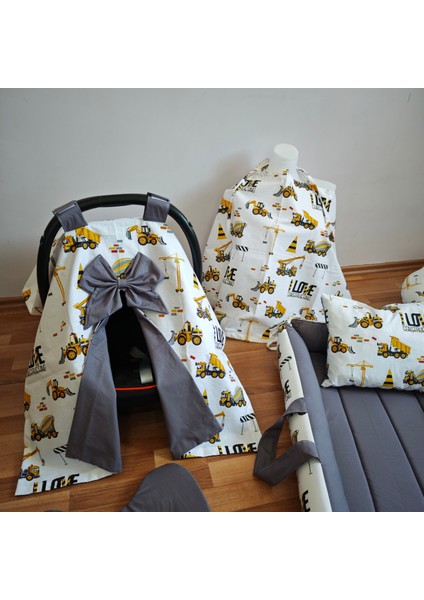 Sarı Traktör Düz Antrasit Kare Yataklı 7 Parça Babynest Seti fiyatları