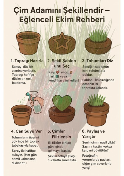 Çim Adam Saçlarını Kes,tarzını Göster.topraklı Özel Tasarım –eğlenceli Saksı Seti indirimleri