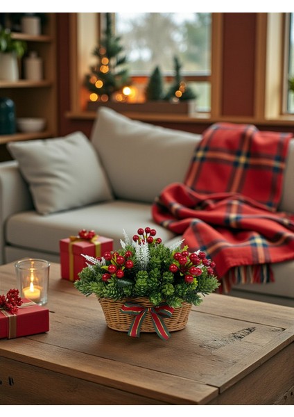 Yapay Çiçek Sepeti Yılbaşı Ev Dekorasyonu 35X25 cm Kokina ve Çam Dalları Masa Süsü Dekor Hediyelik fiyatları