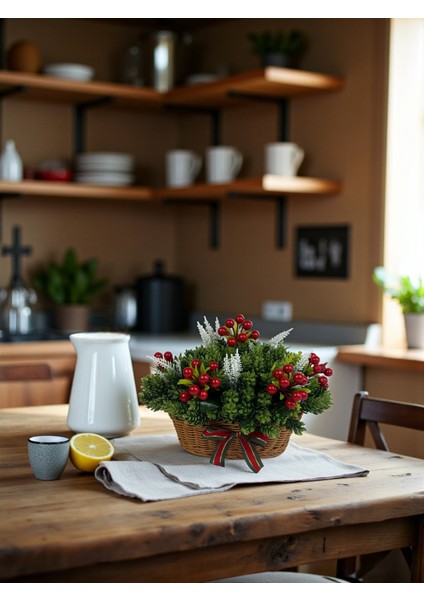Yapay Çiçek Sepeti Yılbaşı Ev Dekorasyonu 35X25 cm Kokina ve Çam Dalları Masa Süsü Dekor Hediyelik modelleri