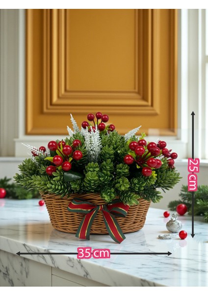 Yapay Çiçek Sepeti Yılbaşı Ev Dekorasyonu 35X25 cm Kokina ve Çam Dalları Masa Süsü Dekor Hediyelik fırsatları