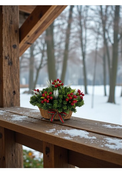 Yapay Çiçek Sepeti Yılbaşı Ev Dekorasyonu 35X25 cm Kokina ve Çam Dalları Masa Süsü Dekor Hediyelik indirimleri