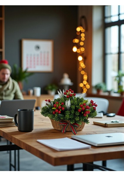 Yapay Çiçek Sepeti Yılbaşı Ev Dekorasyonu 35X25 cm Kokina ve Çam Dalları Masa Süsü Dekor Hediyelik